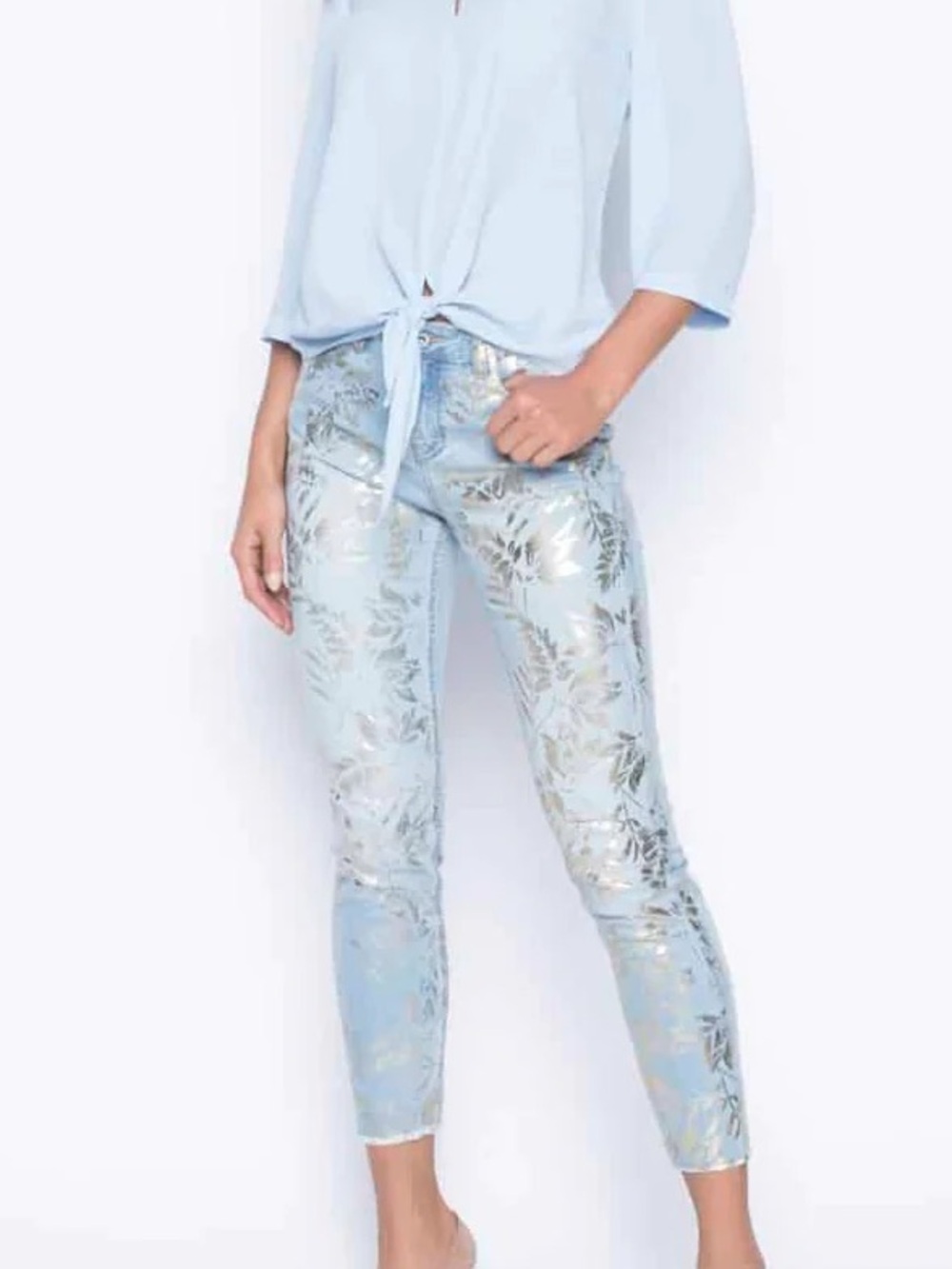 Frank Lyman Design Light Blue Skinny Jeans with Gold Leaf Print